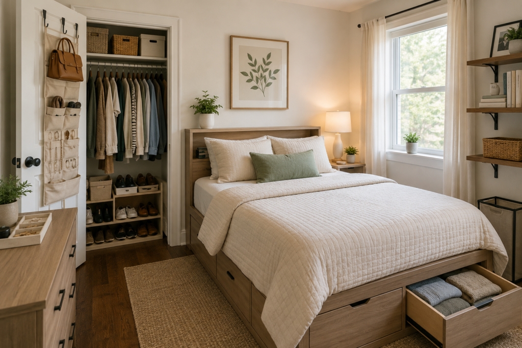 Small bedroom organization ideas with organized closet, storage bed, shelves, and clutter-free bedroom