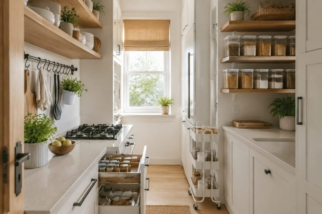 Small kitchen storage ideas with open shelves, clear containers, and a rolling cart