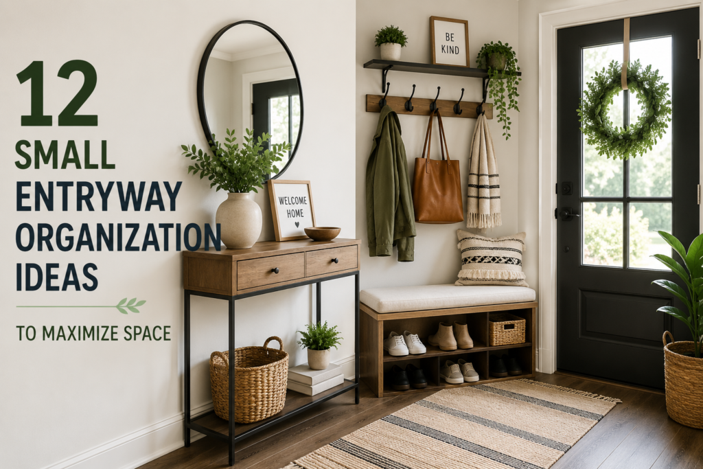 Small entryway organization ideas with console table, storage bench, wall hooks, baskets, and shoe storage