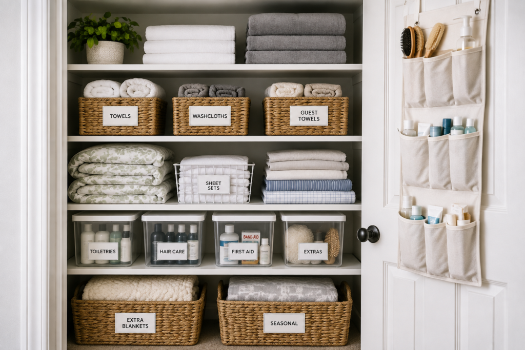 Linen closet organization ideas with folded towels, bedding, labeled baskets, clear storage bins, and organized toiletries