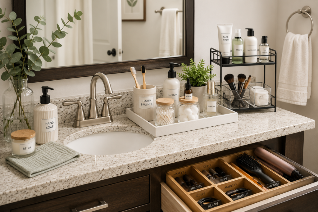 Bathroom counter organization ideas with trays, skincare storage, toothbrush holder, and organized vanity drawer