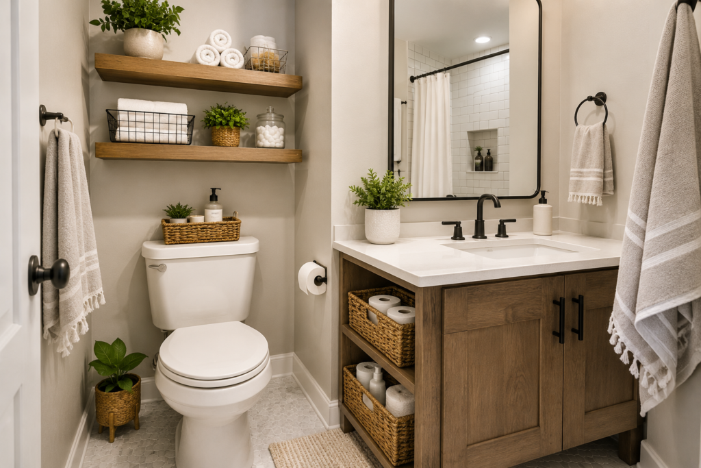 Small bathroom storage ideas with floating shelves, baskets, vanity storage, and towel hooks