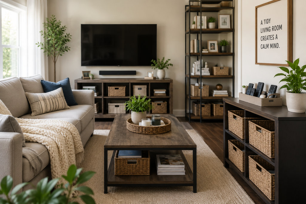 Living room organization ideas with storage baskets, shelves, and a clutter-free seating area