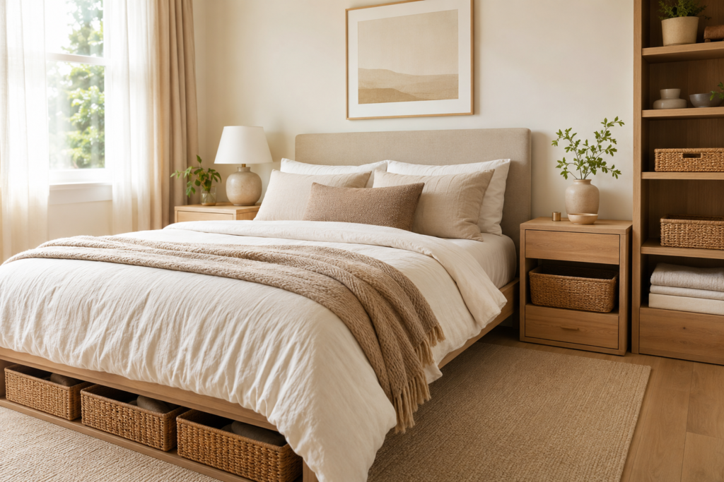 Organized neutral bedroom with a neatly made bed, woven storage baskets, wooden furniture, and open shelving