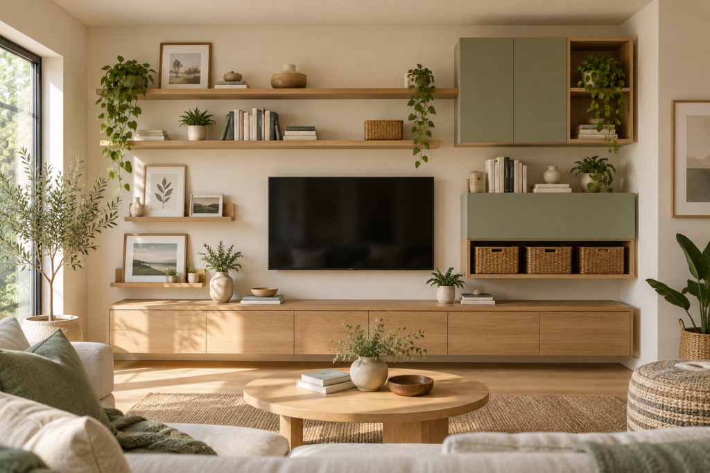 Living room wall storage with floating shelves and closed cabinets
