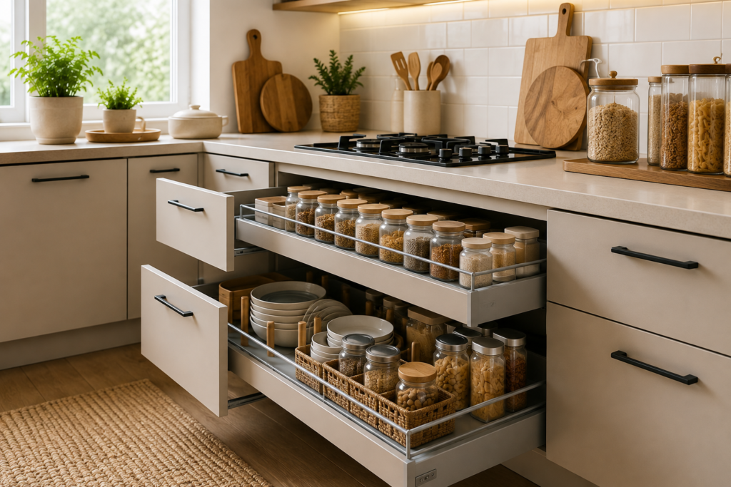 Organized modern kitchen storage with drawers and pantry organization