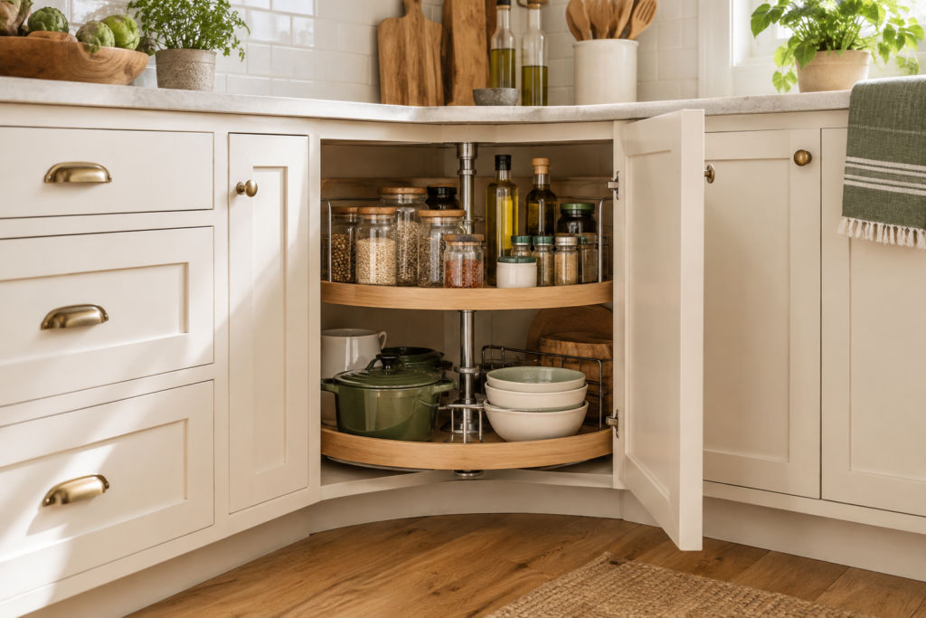 Organized kitchen corner cabinet with a two-tier lazy Susan