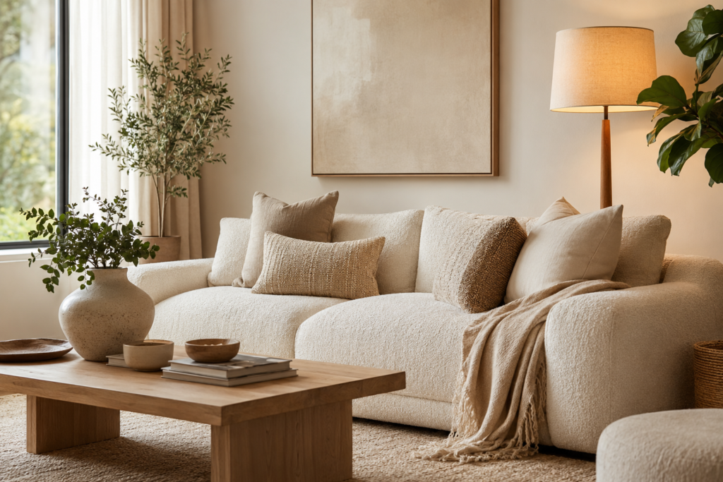 Cozy neutral living room with a cream sofa, layered cushions, wooden coffee table, plants, and warm lighting