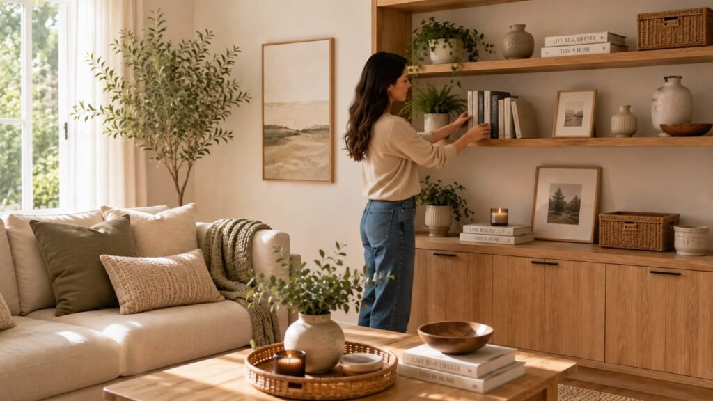 Woman organizing books and home decor in a bright modern living room