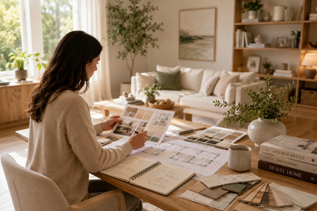Interior designer reviewing home decor plans and material samples in a bright modern living space