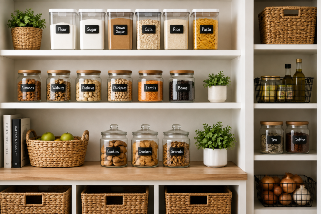 Kitchen pantry organization with labeled storage containers