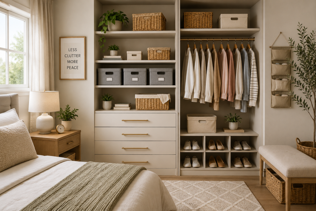 Modern bedroom storage with built-in wardrobe, shelves, baskets, and shoe organizer
