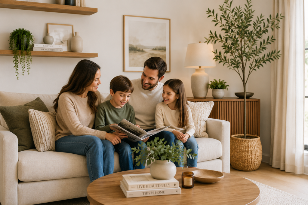 Family enjoying a comfortable and beautifully organized living room