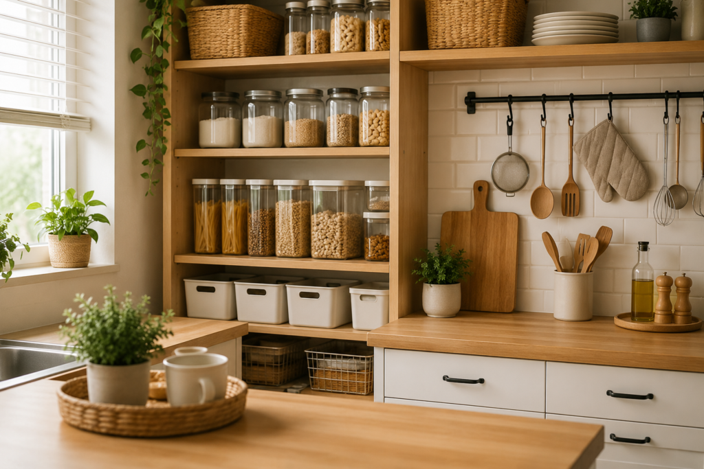 Cozy organized kitchen with neatly arranged pantry shelves and practical storage solutions
