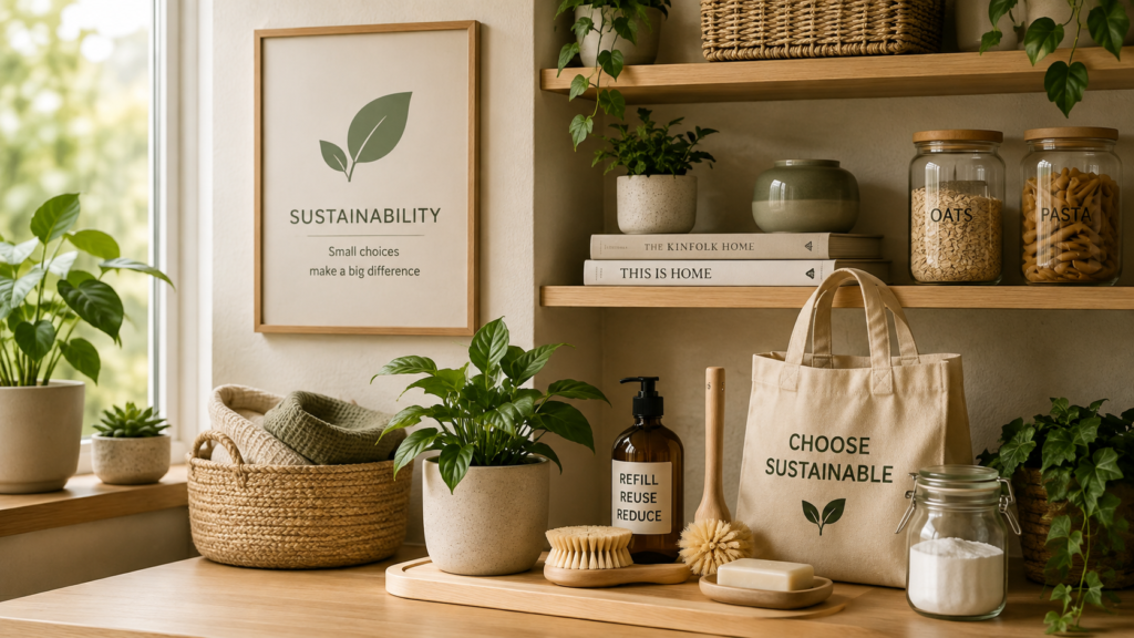 Eco-friendly home essentials with reusable products, indoor plants, and sustainable storage solutions