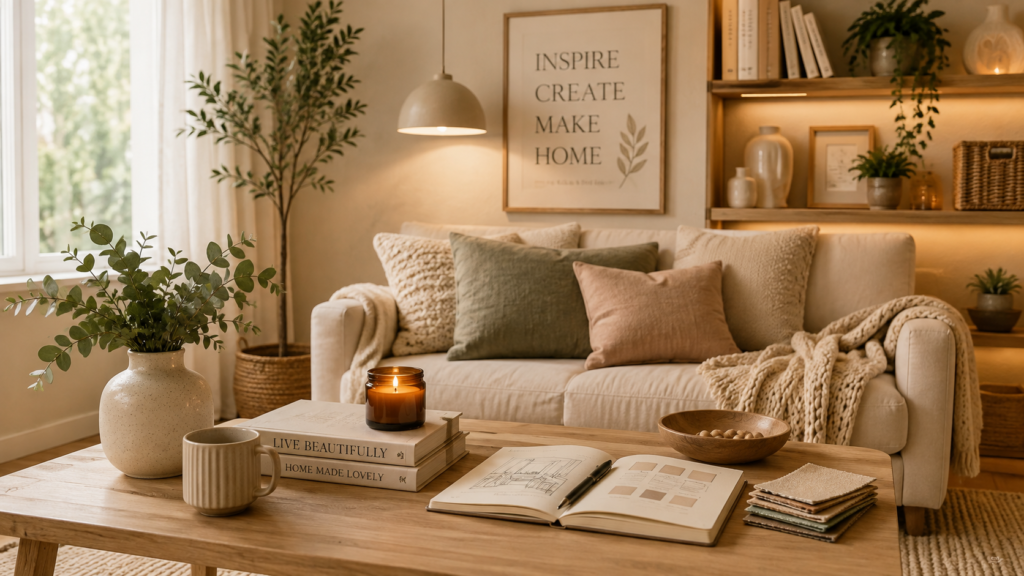 Cozy minimalist living room with modern décor, design inspiration, and warm natural styling