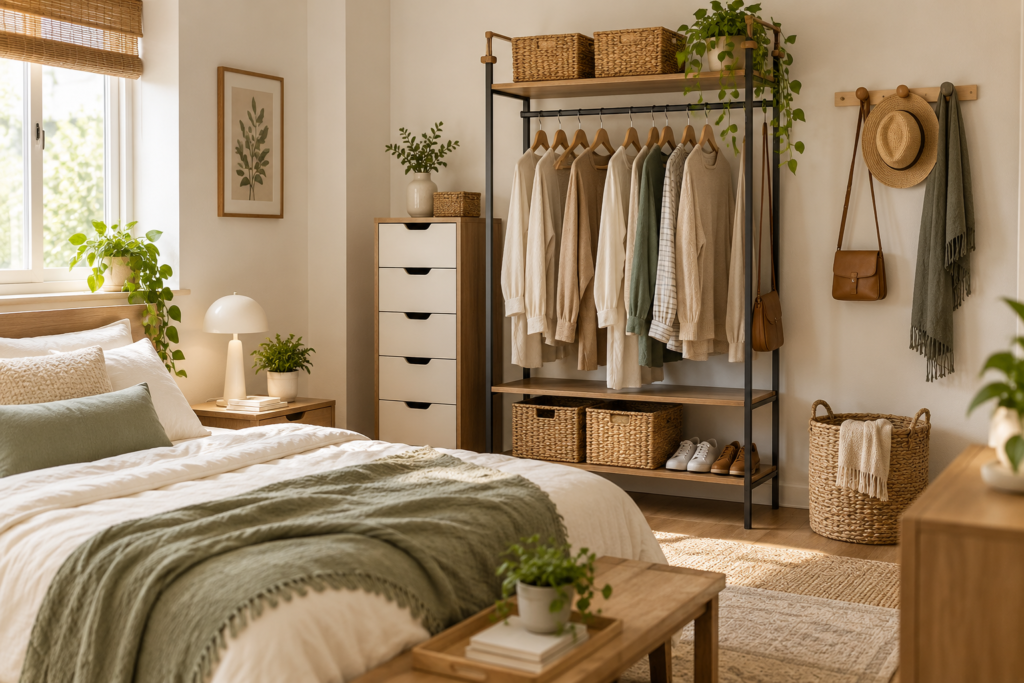 Small bedroom storage with a freestanding clothes rack and baskets