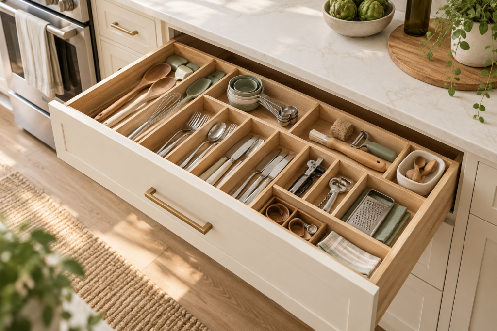 Organized kitchen drawer with wooden dividers for utensils and cutlery