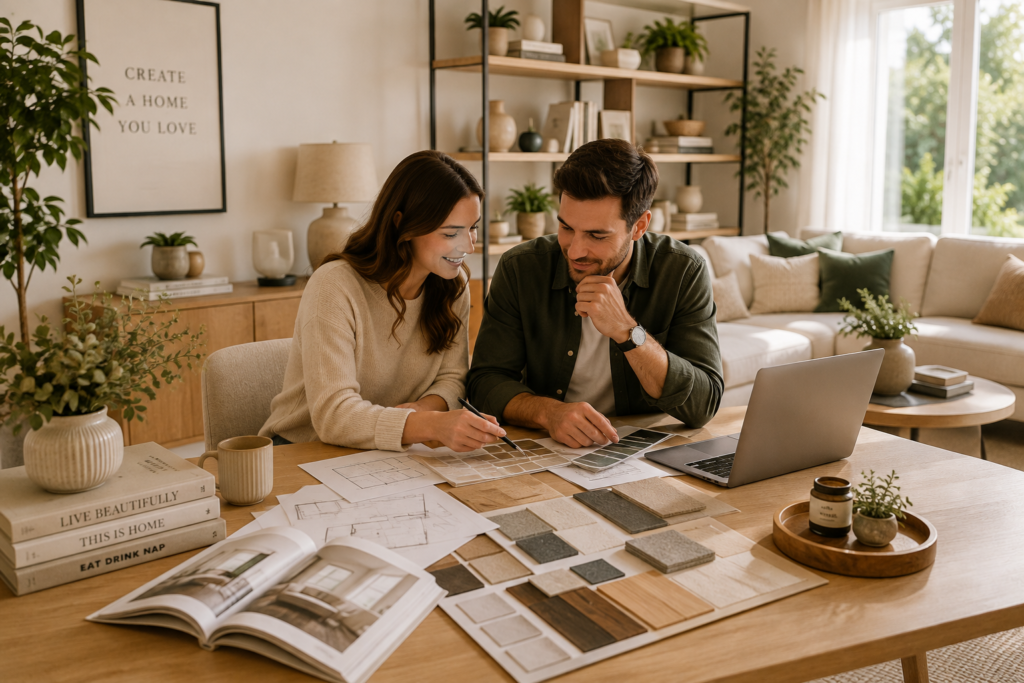 Couple reviewing home design plans, material samples, and interior ideas in a bright modern living room workspace.