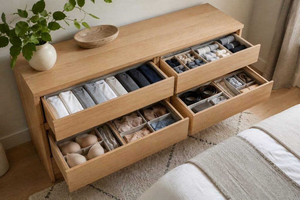 Organized bedroom vanity with divided drawers, jewelry, and daily cosmetics
