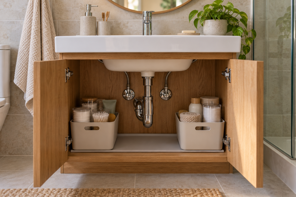 Removable toiletry bins on both sides of exposed bathroom vanity plumbing with valves accessible.