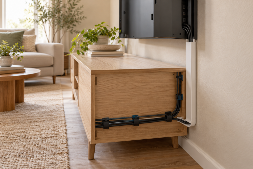 Cables secured with clips and reusable ties behind an oak living room TV console, beside a white wall cord cover.