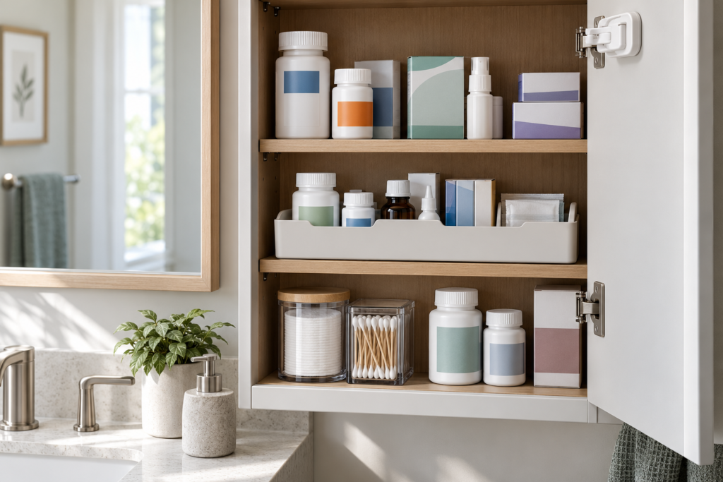 Packaged bottles and boxes arranged on medicine cabinet shelves with a removable sorting tray.