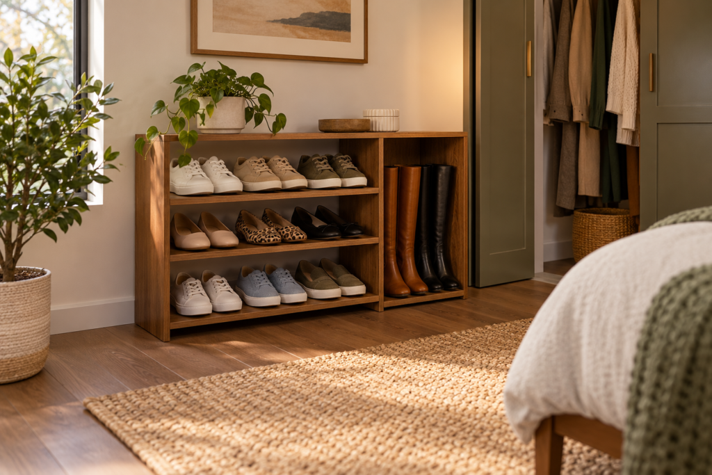 Low bedroom shoe shelves holding sneakers and flats with a taller compartment for upright boots.
