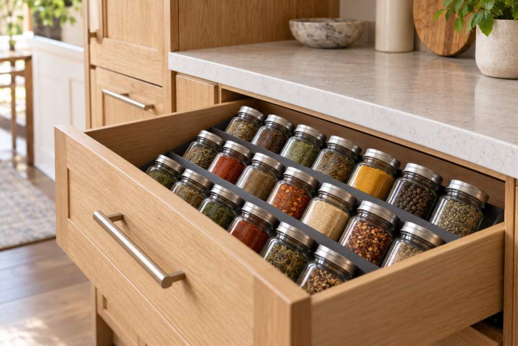 Closed spice jars arranged in slanted rows inside a kitchen drawer organizer.