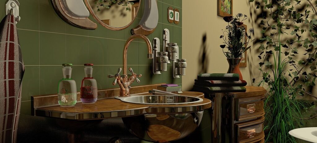 Bright small bathroom with glass shower, vanity, round mirror, and neutral decor