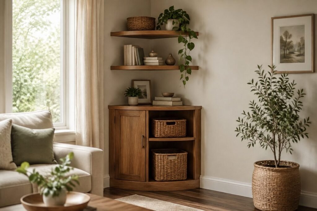 Organized living room bookshelf with balanced books, baskets, and decor