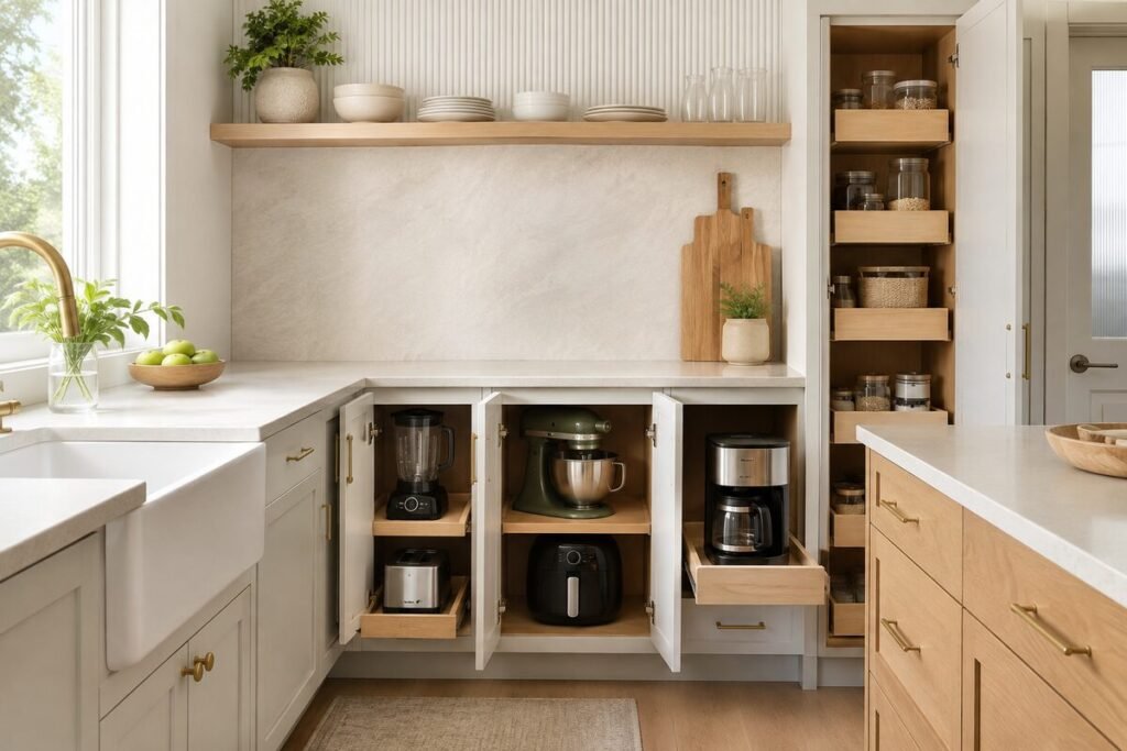 Small kitchen appliance storage with blender, toaster, mixer, air fryer, and coffee maker inside organized cabinets