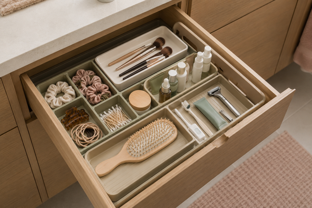 Organized bathroom drawer with dividers for toiletries