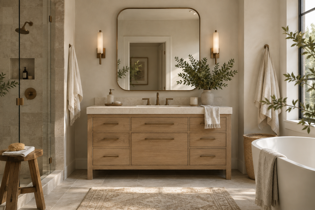 Warm modern bathroom with light wood vanity and rounded mirror