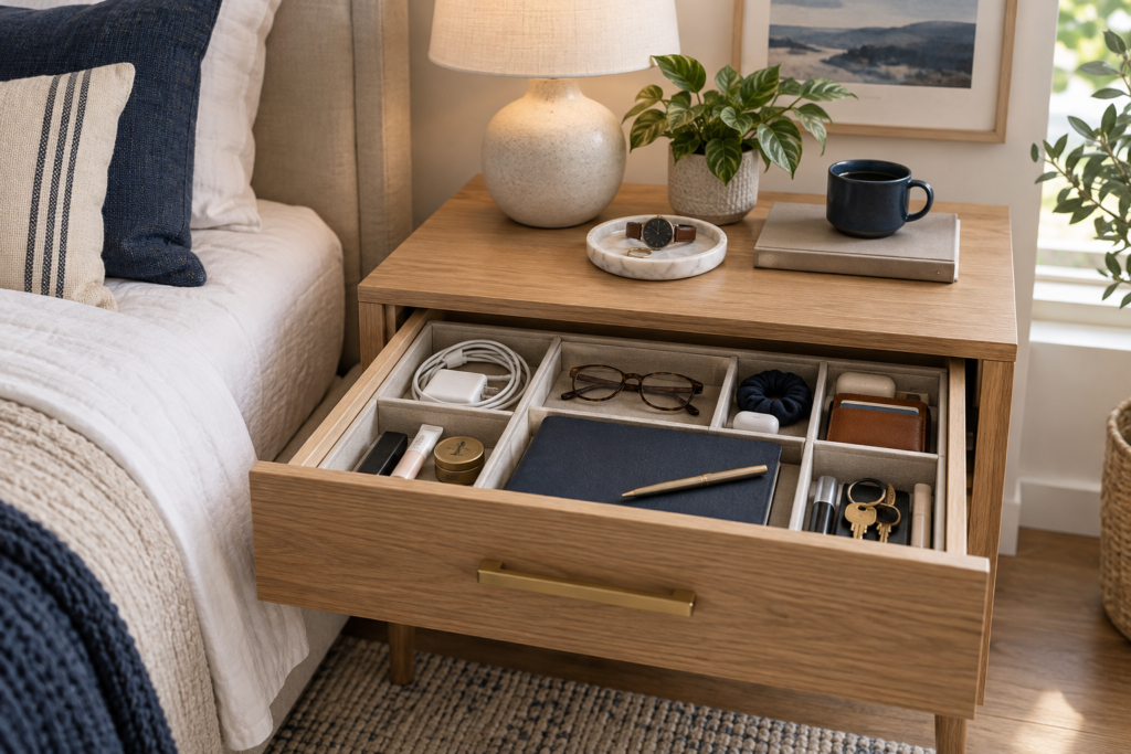 Organized bedroom nightstand drawer with divided compartments
