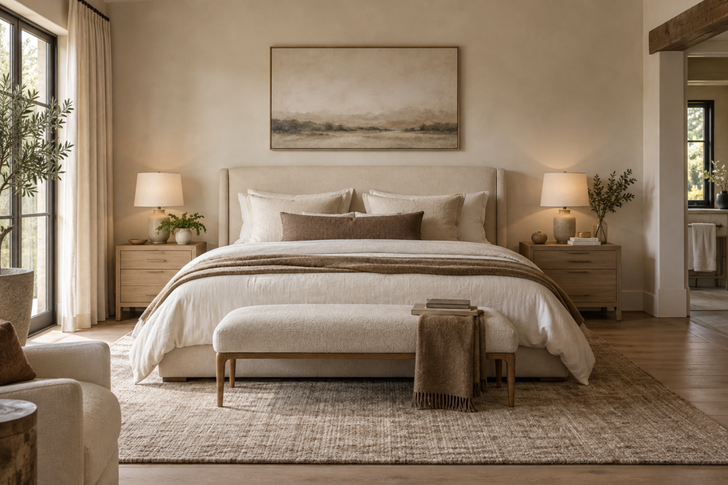 Warm modern bedroom with cream upholstered bed and light wood furniture