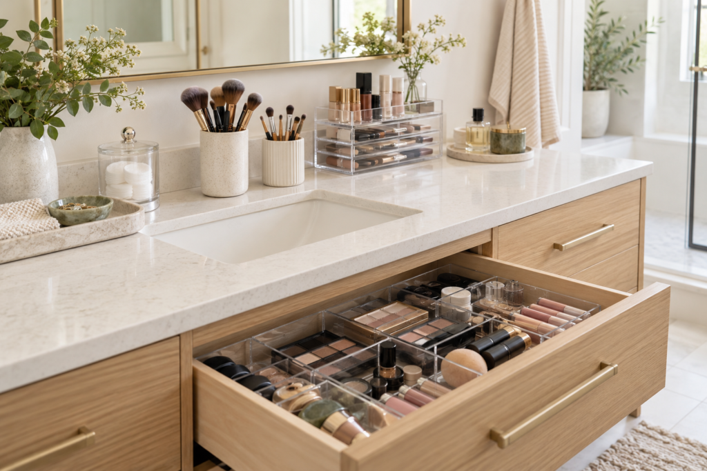 Makeup brushes and cosmetics organized in clear vanity drawer dividers