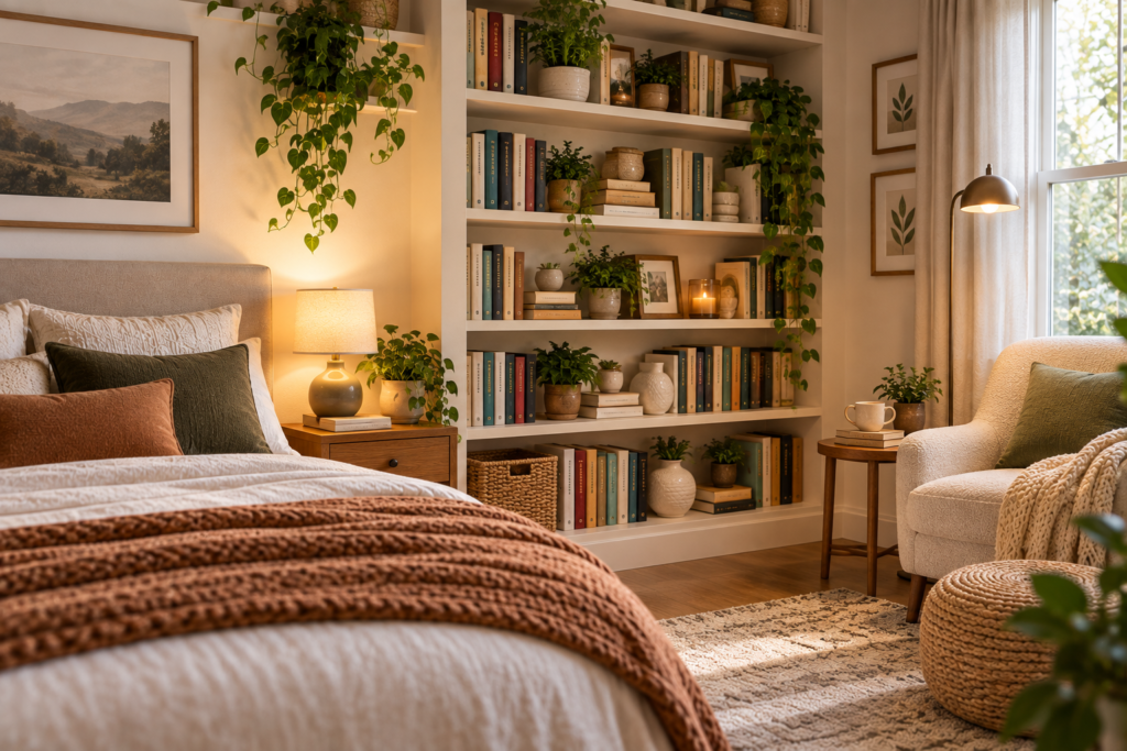 Bedroom book storage ideas with books neatly organized on shelves beside a cozy bed
