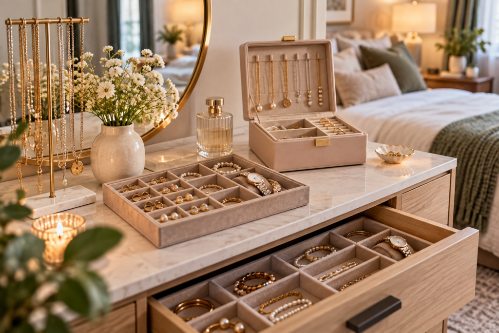 Bedroom jewelry storage ideas with necklaces rings and earrings neatly organized in trays and drawers
