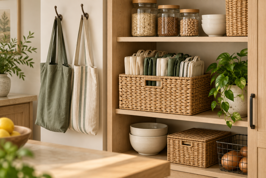 Warm modern kitchen pantry with reusable shopping bags neatly organized