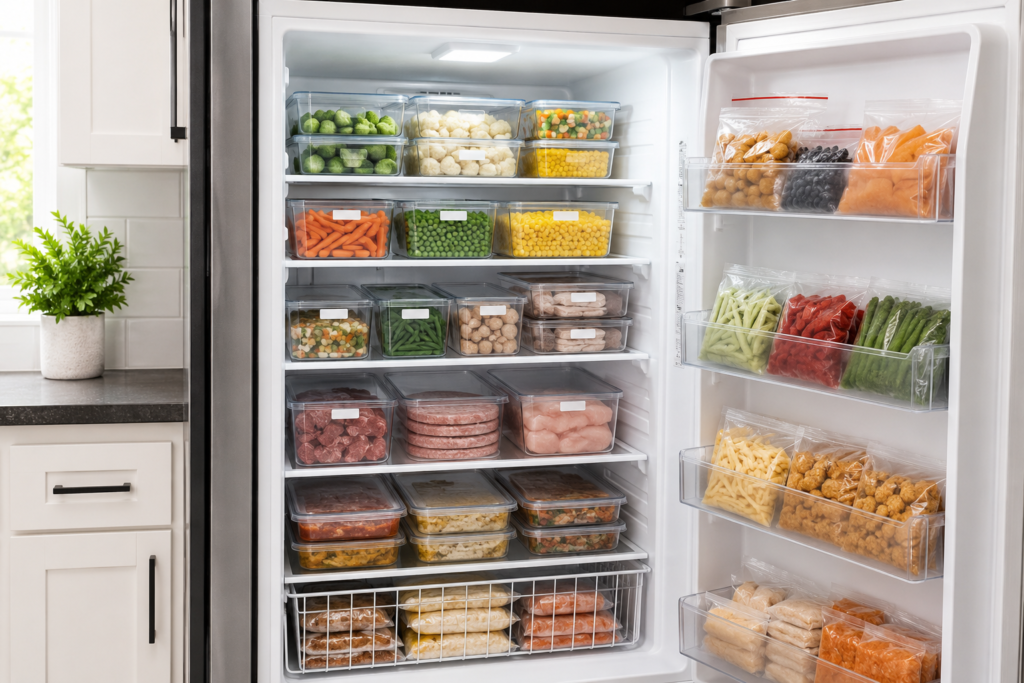 Organized freezer with clear bins and neatly arranged frozen food