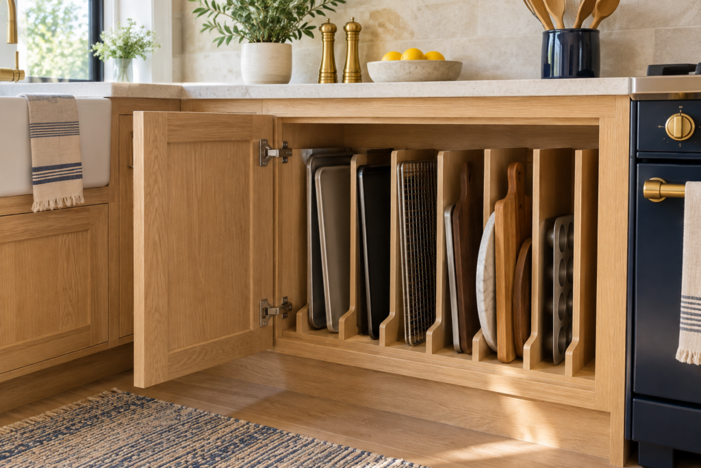 Kitchen baking sheet storage ideas using vertical cabinet dividers