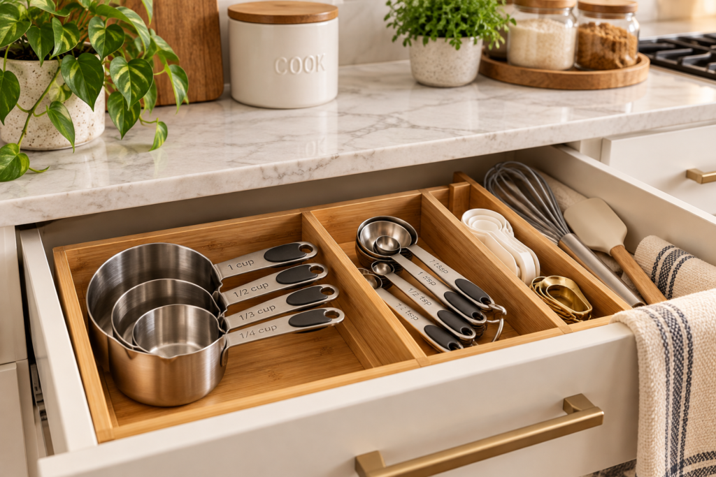 Kitchen measuring cup and spoon storage ideas in an organized drawer