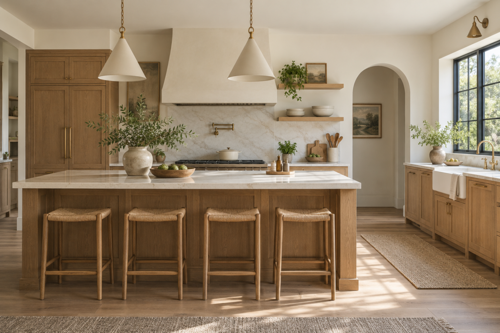 Warm modern kitchen with light wood cabinets and a large island