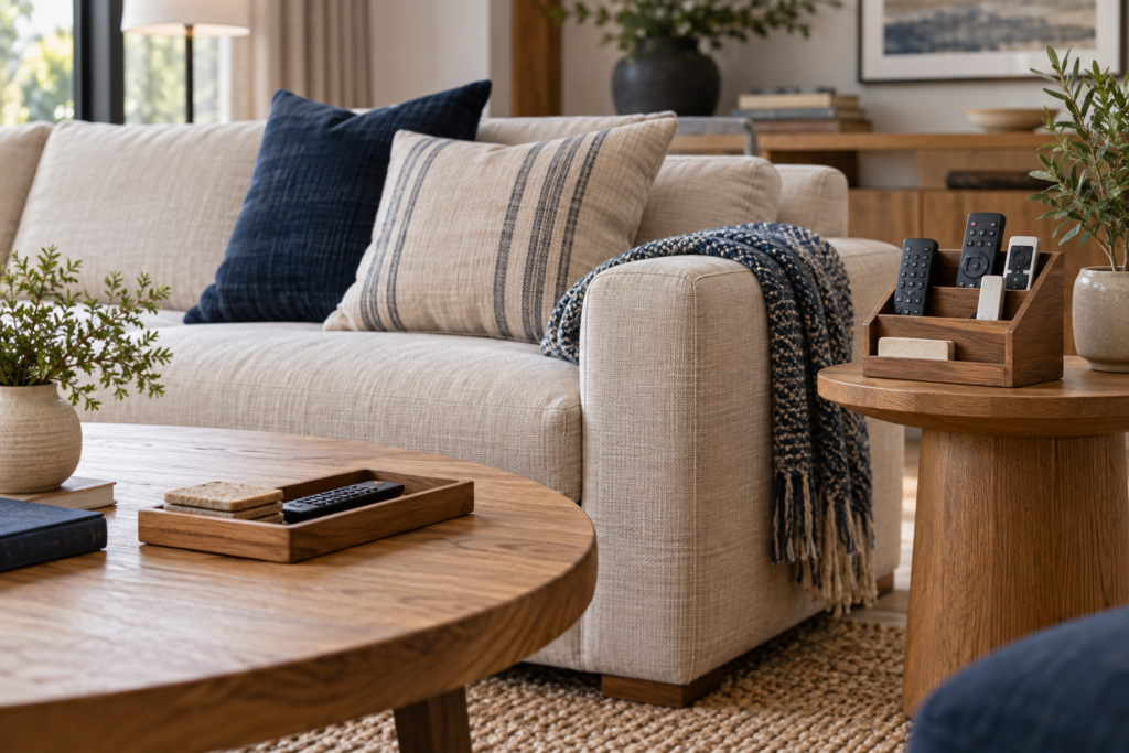 Remote controls neatly stored in wooden living room organizers