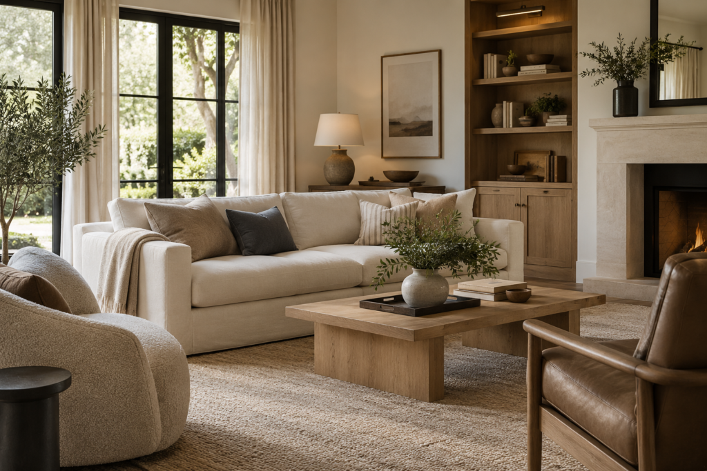 Warm modern living room with cream sofa and light wood furniture