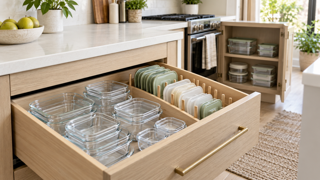 Kitchen food container storage ideas with lids organized in a drawer