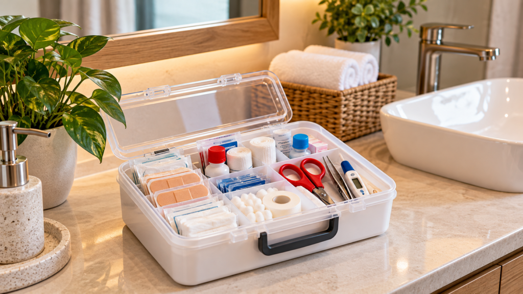 Bathroom first aid storage ideas with organized bandages gauze and supplies in labeled containers