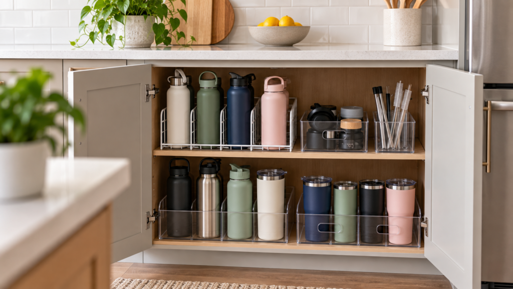 Kitchen water bottle storage ideas with reusable bottles neatly organized in a cabinet