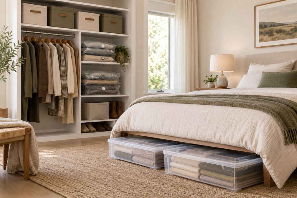 Seasonal clothes stored in closet bins, vacuum bags, and under-bed containers
